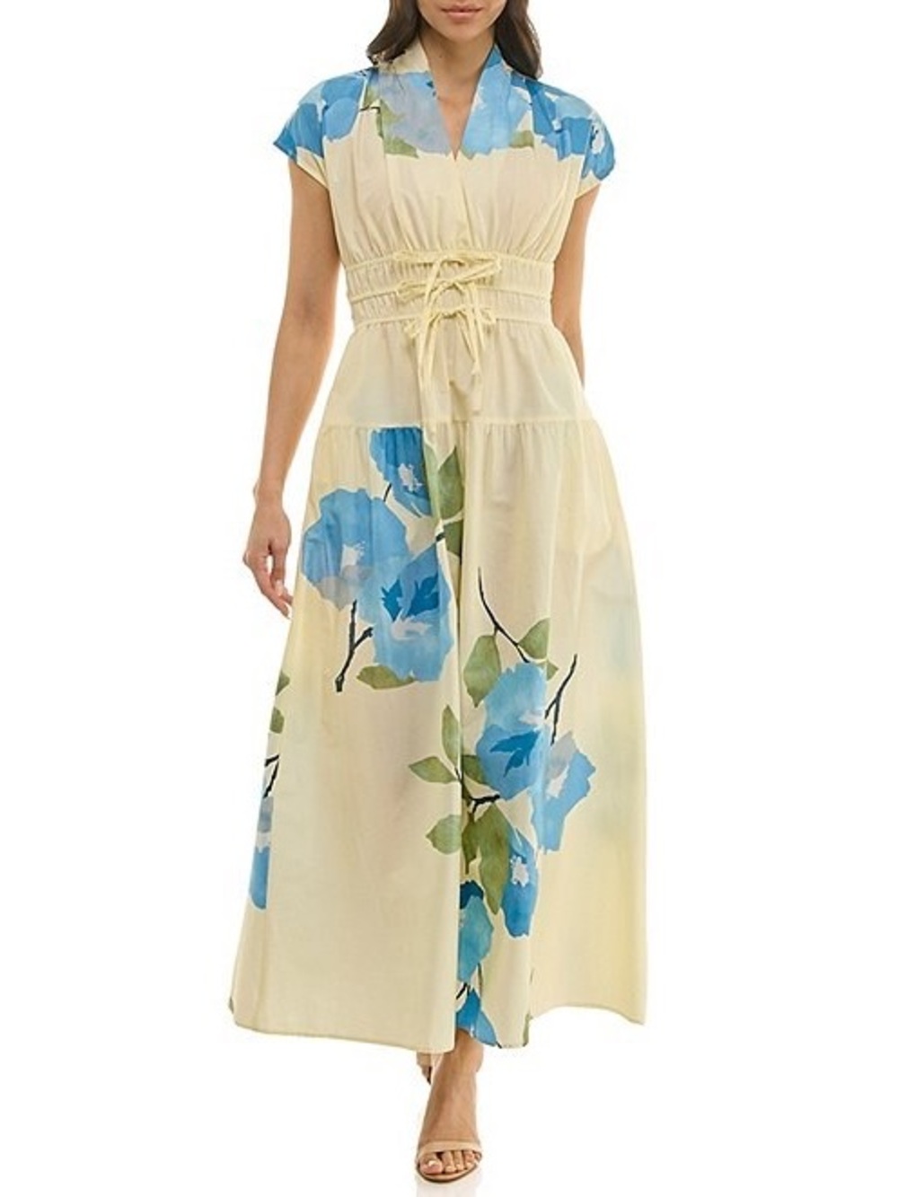 Cream Maxi Dress with Blue Floral Print and Smocked Waist Detail